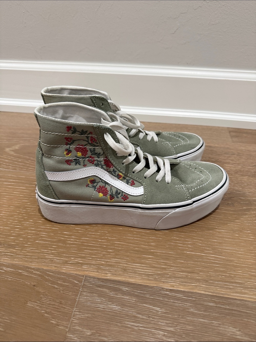 Vans High-Top Platform Suede Sneakers with Floral Embroidery - Sage Green